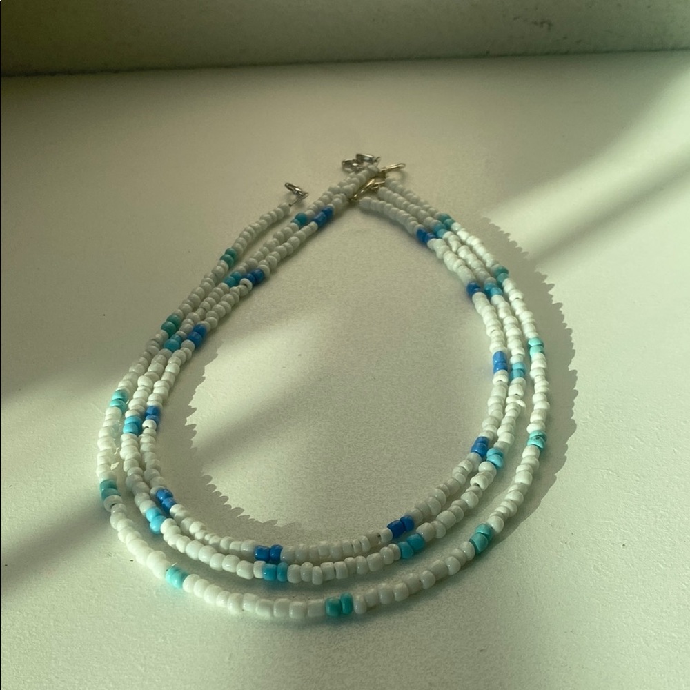 Handmade Beaded Necklace in White and Blue